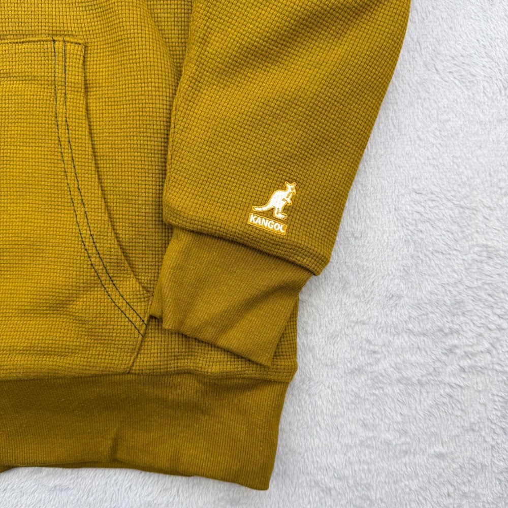 Kangol Hoodie Mens Small Mustard Yellow Sherpa Lined Waffle Knit Henley Pullover - Picture 3 of 9